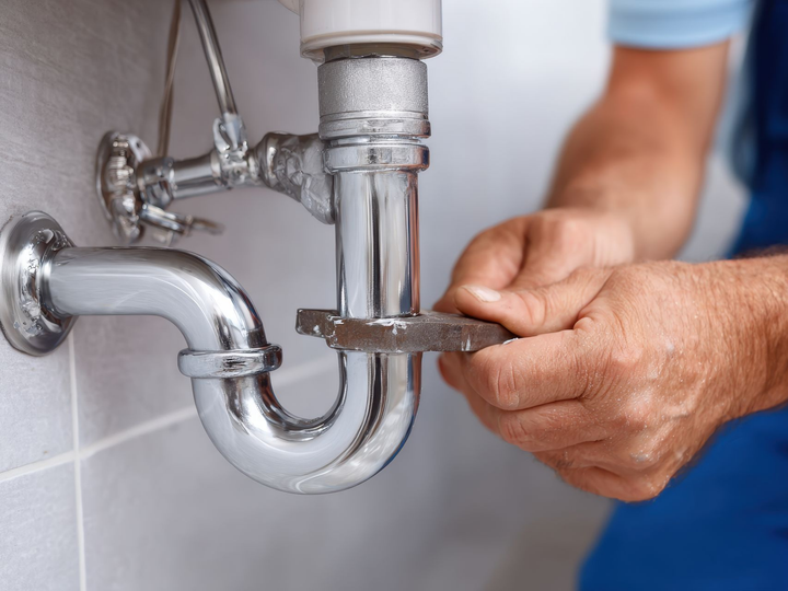 Un plombier utilise une clé pour réparer un tuyau d'évacuation chromé d'un lavabo dans une salle de bains.