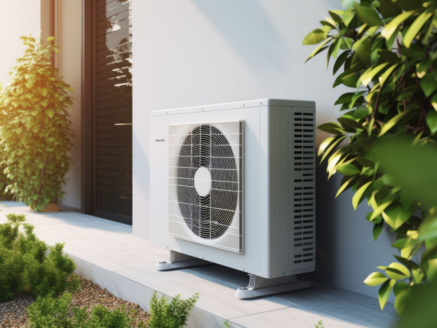 Unité de pompe à chaleur à l'extérieur d'une maison, à proximité de verdure.