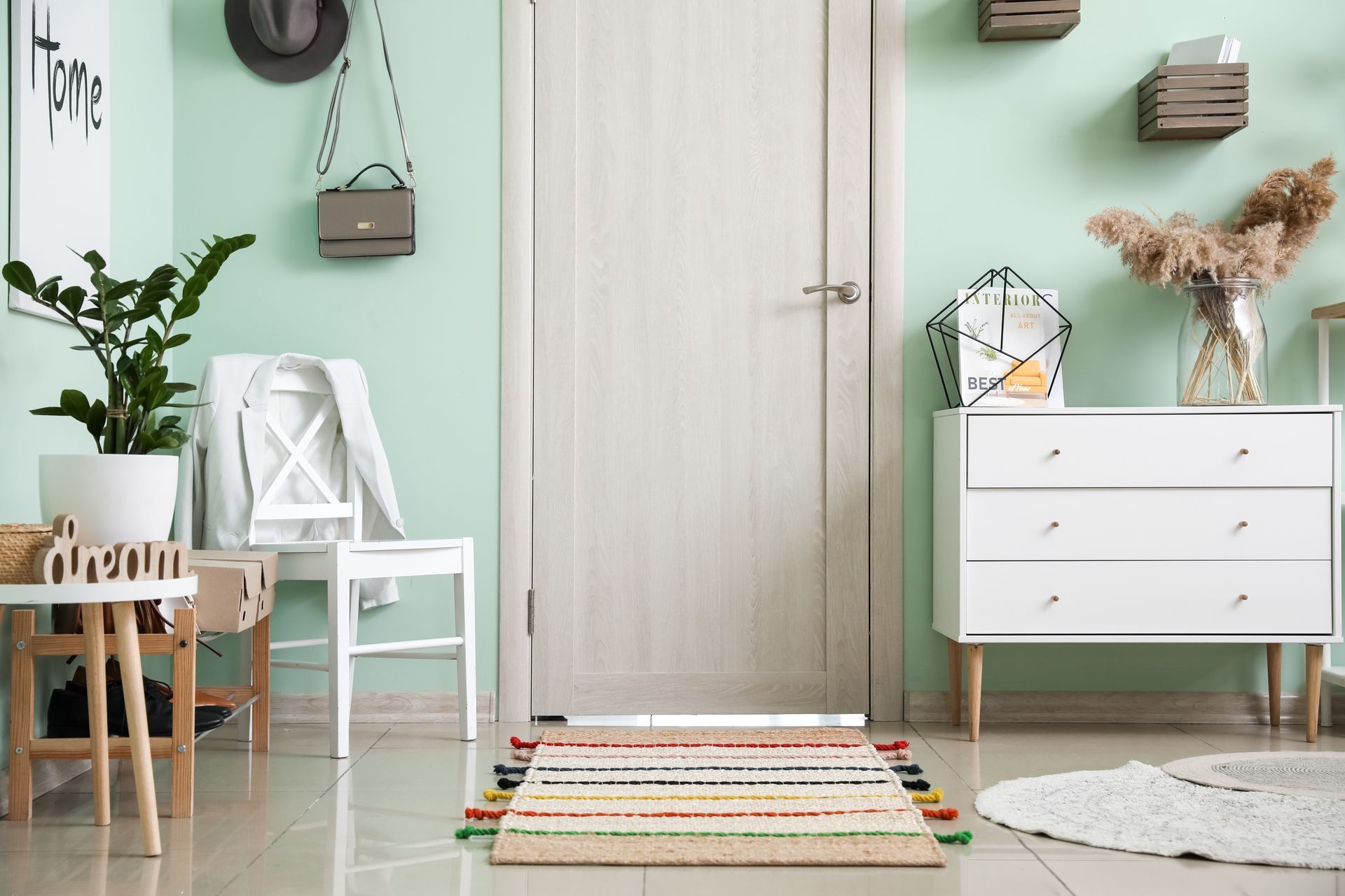 Ein Flur mit Tür, Kommode, Stuhl und Teppich.