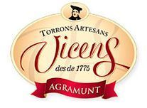 Logotipo de Torrons Artesans Vicens, desde 1775, con Agrumunt en la parte inferior. Representa a un hombre con sombrero en un diseño ovalado.