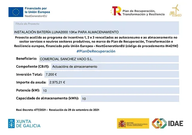 Documento sobre la instalación de baterías. Contiene logotipos de financiación de la UE, detalles del proyecto e información sobre los beneficiarios.