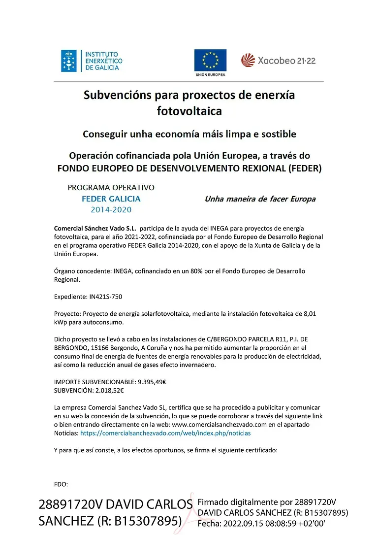 Documento con texto sobre subvenciones a la energía solar en español, logotipos UE y Gobierno visibles.