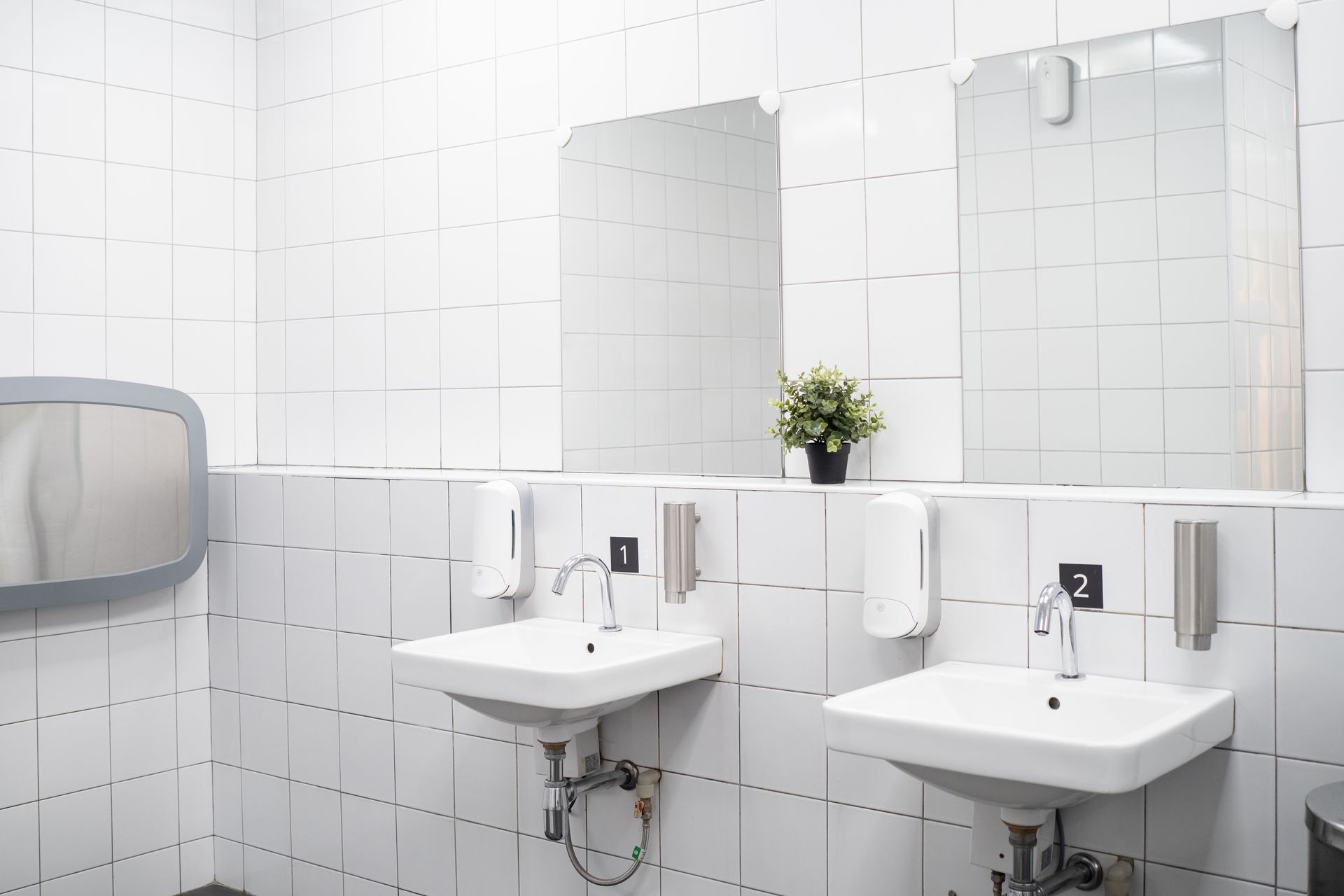Deux lavabos blancs et des miroirs sur un mur carrelé dans des toilettes publiques, avec une petite plante en pot entre eux.