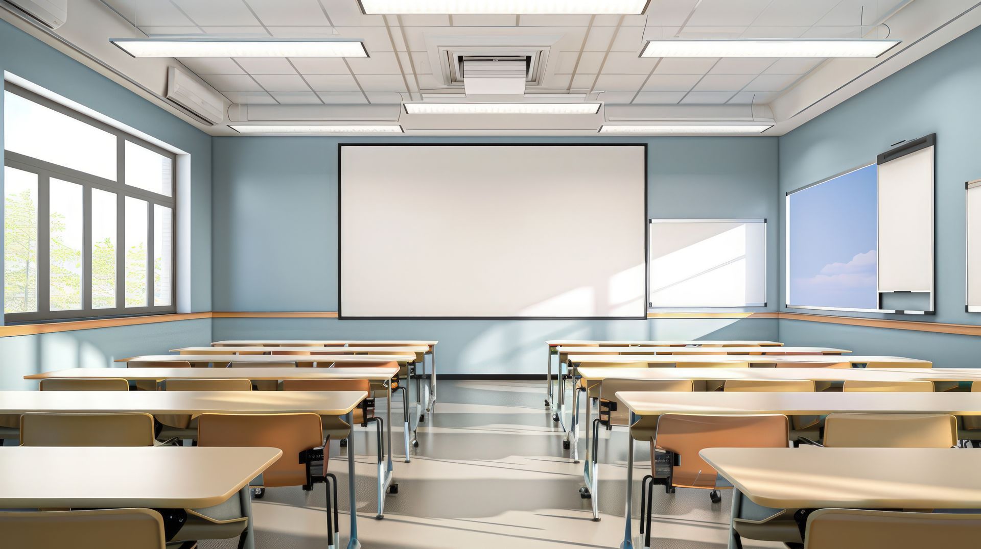 Salle de classe vide avec des rangées de pupitres en bois faisant face à un grand écran de projection sur un mur bleu clair.