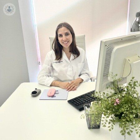 Una mujer está sentada en un escritorio frente a una computadora.