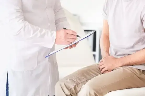 Un médico está hablando con un paciente que está sentado en una silla.