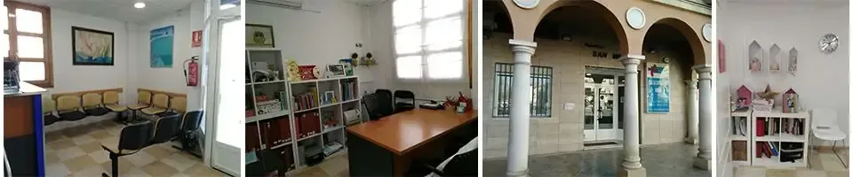 Un collage de tres fotografías de una habitación con una mesa y estantes.