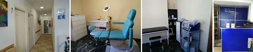 Un collage de cuatro imágenes de un consultorio dental con una silla azul.