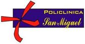 Un logotipo para la Policlínica San Miguel con un lazo rojo.