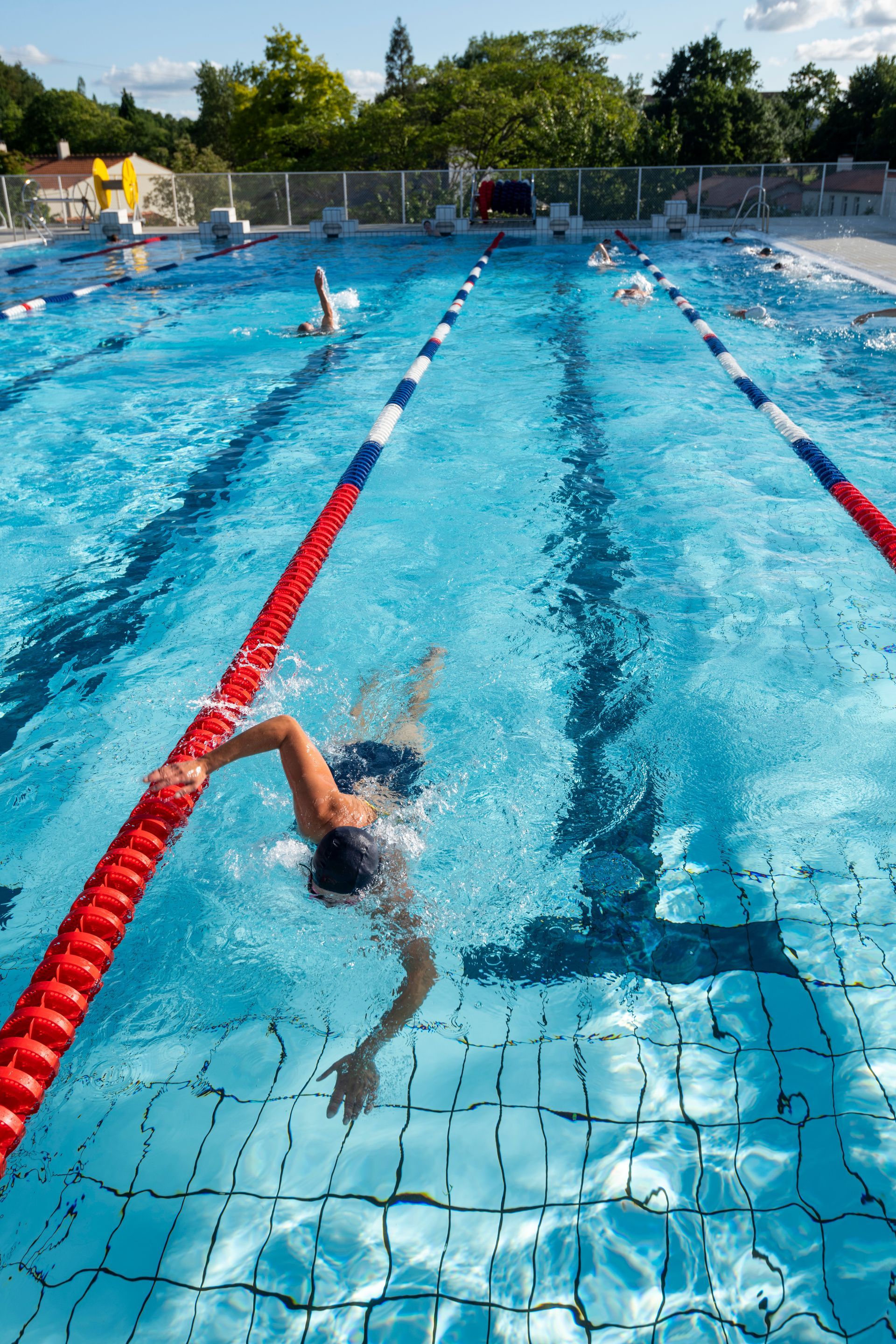 Nageur, nageant le crawl dans une piscine publique avec des lignes de couloir rouges et bleues.