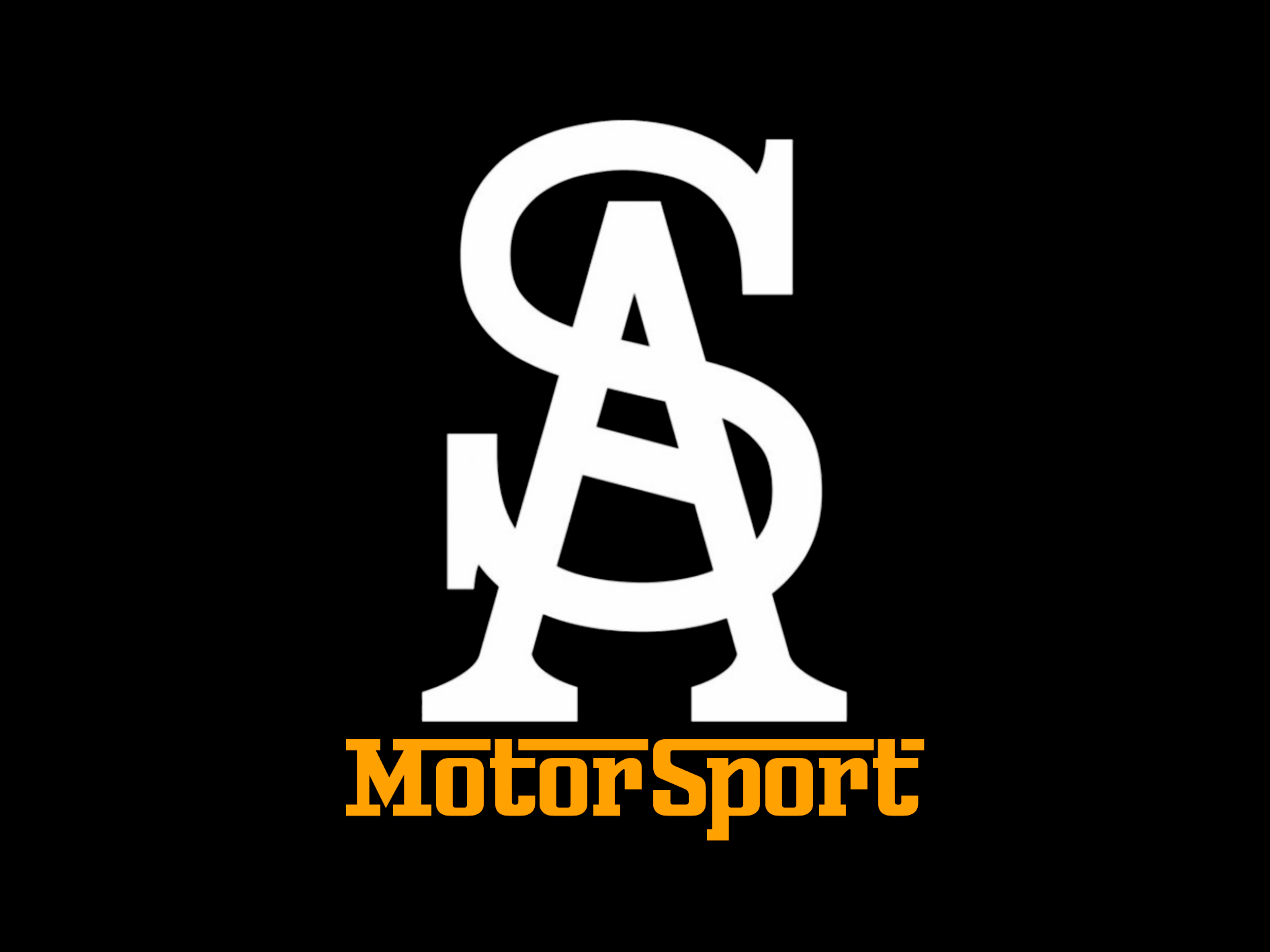 Logotipo de SA MotorSport en letras blancas sobre fondo negro. "MOTORSPORT" en dorado debajo.