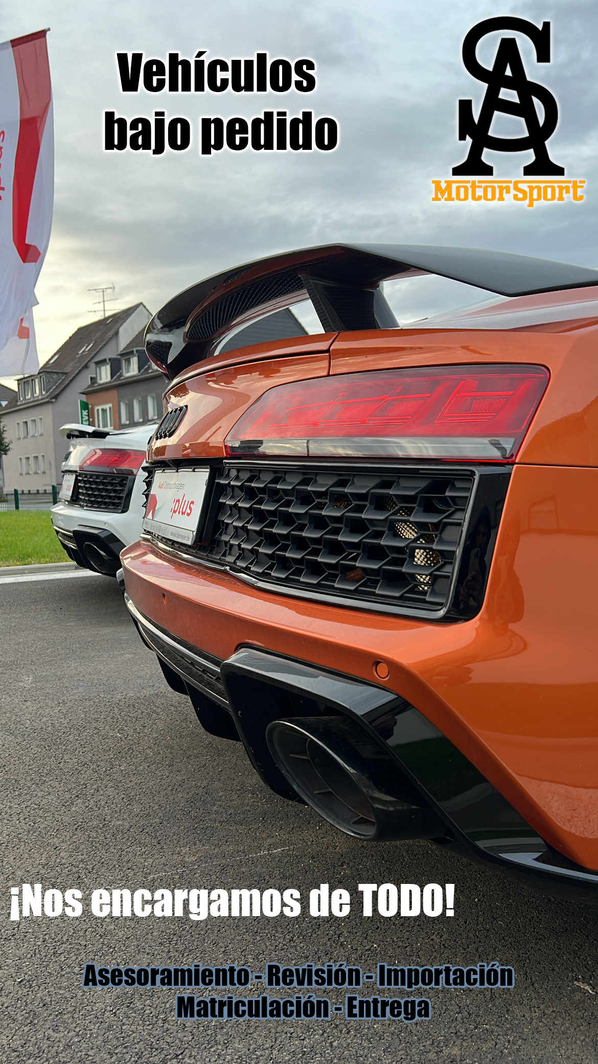 Orange sports car rear with text:
