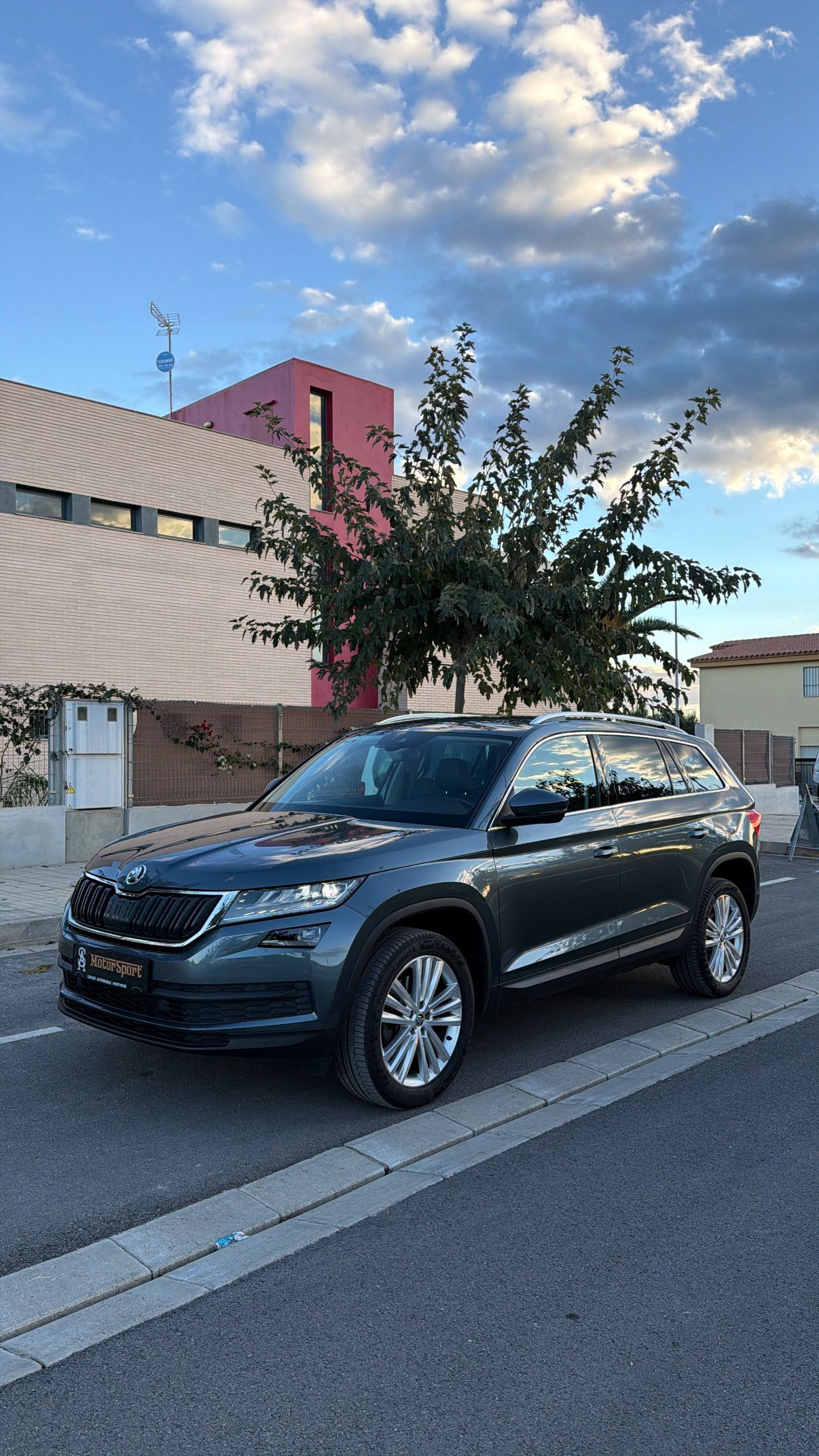 SUV Skoda Kodiaq gris oscuro estacionado en una calle con un cielo nublado al fondo.