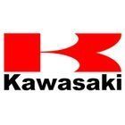 El logotipo de Kawasaki es rojo y negro sobre un fondo blanco.