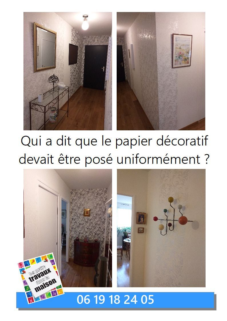 Quatre photos d'un couloir avec du papier peint décoratif. Texte : Qui a dit que le papier peint décoratif devait être posé uniformément ? Numéro de téléphone.