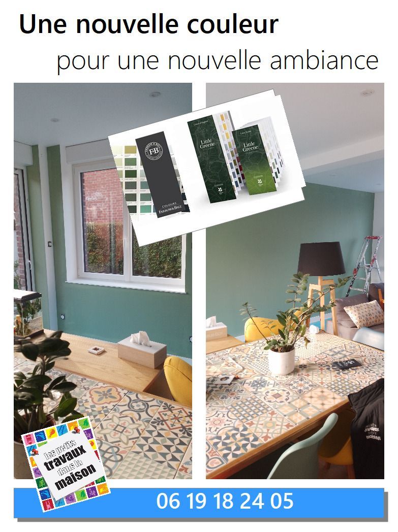 Publicité en deux panneaux montrant une pièce peinte en vert sauge avec des échantillons de peinture. Le numéro de téléphone est indiqué en bas.