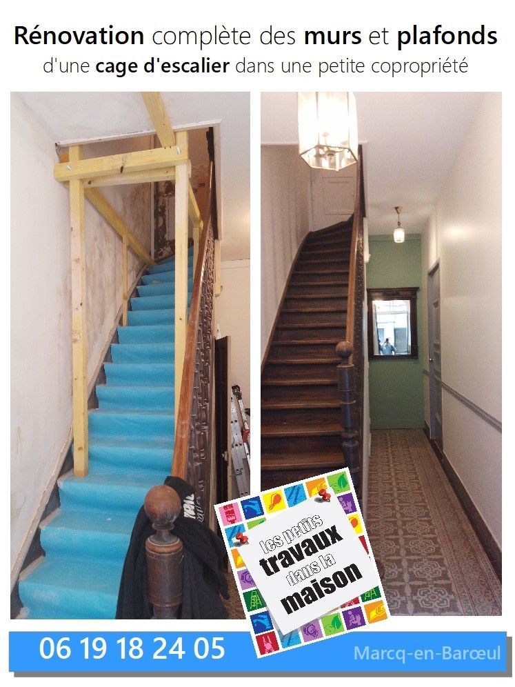 Rénovation avant et après d'un escalier dans un petit immeuble ; coordonnées et logo inclus.