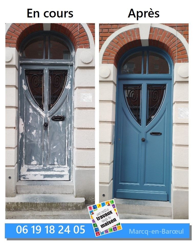 Avant et après la peinture de porte : pelage gris vers bleu, avec numéro de téléphone et localisation dans le texte.