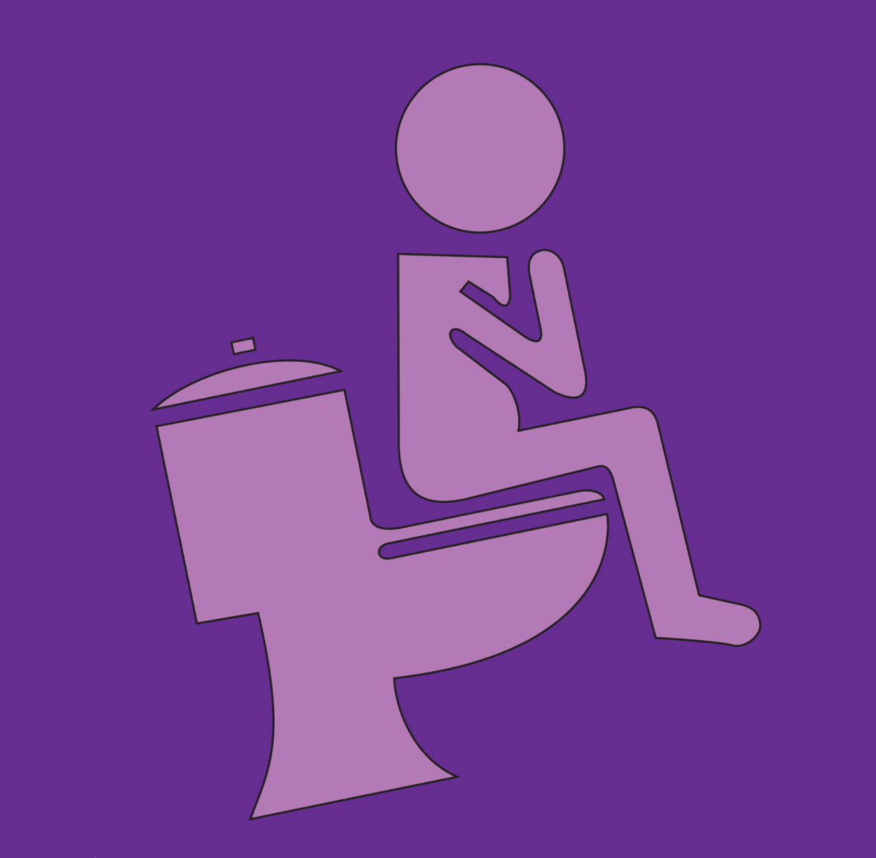 Icône violette d'une personne assise sur des toilettes, la main sur le menton, dans des toilettes.