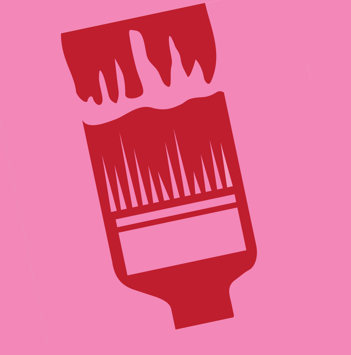 Pinceau rouge appliquant de la peinture sur un fond rose.