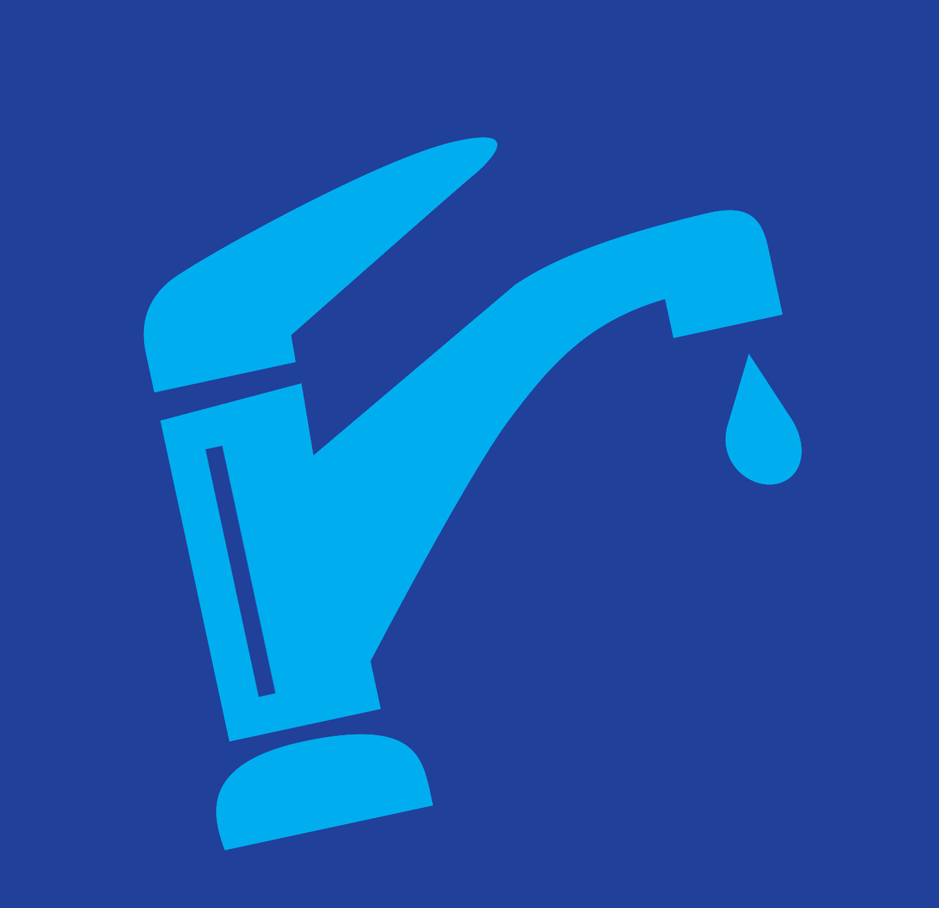 Robinet bleu avec une goutte d'eau sur un fond carré bleu foncé.
