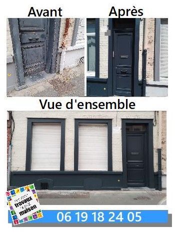 Avant/Après la réparation et la peinture d'une porte, avec un aperçu. Porte et garnitures bleu foncé.