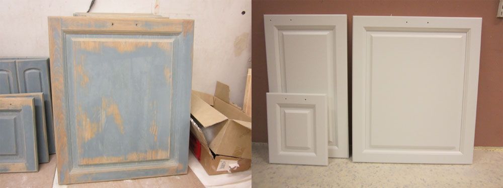 Kaapin ovet ennen maalausta ja sen jälkeen. Vasemmalla, kuluneet siniset. Oikealla, maalattu valkoiseksi.