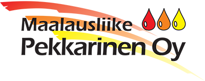 Maalausliike Pekkarinen Oy:n logo, jossa on swoosh-logo ja kolme maalipisarakuvaketta.