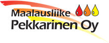 Maalausliike Pekkarinen Oy:n logo, jossa on swoosh-logo ja kolme maalipisarakuvaketta.