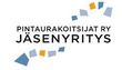 PINTAURAKOITSIJAT RY JÄSENYYS -logo. Teksti sinisten, oranssien ja harmaiden geometristen muotojen ryppään päällä.