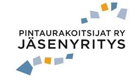 PINTAURAKOITSIJAT RY JÄSENYYS -logo. Teksti sinisten, oranssien ja harmaiden geometristen muotojen ryppään päällä.