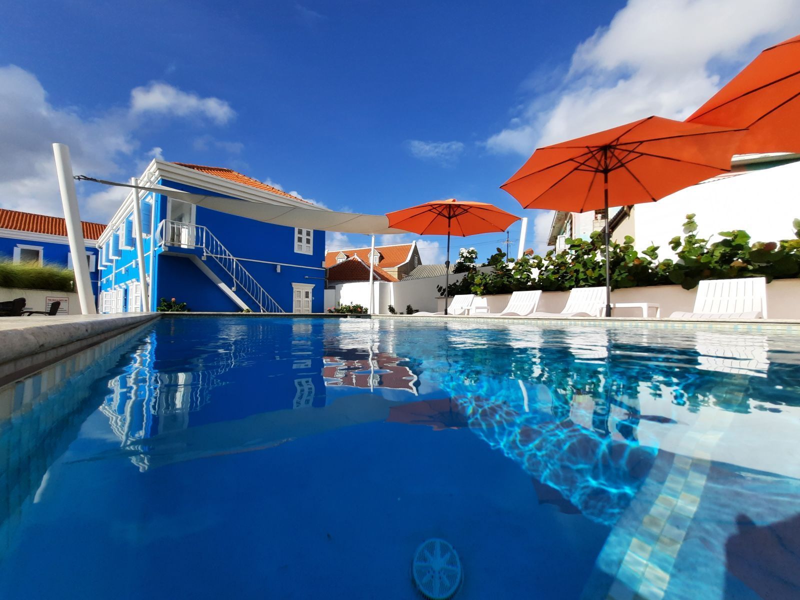 Bright blue pool with orange umbrellas, white lounge chairs, and a blue building under a sunny sky