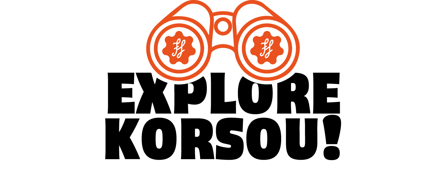 Explore Korsou logo with orange circular icons above bold black text