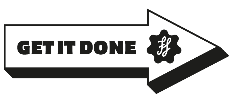 Black-and-white arrow graphic with “GET IT DONE” and a gear icon