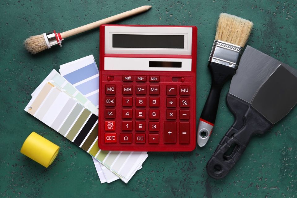 Taschenrechner und Malermaterial