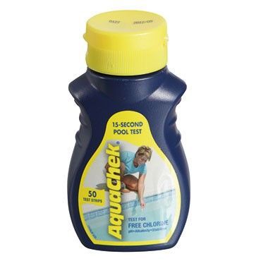 Flacon de bandelettes de test Aquachek pour piscine à couvercle jaune sur fond blanc
