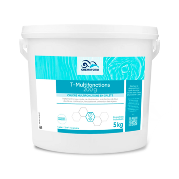 Seau blanc de poudre T-Multifonctions de 5 kg avec étiquette turquoise sur fond uni