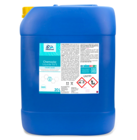 Conteneur chimique en plastique bleu de 20 L avec étiquette et symboles de danger