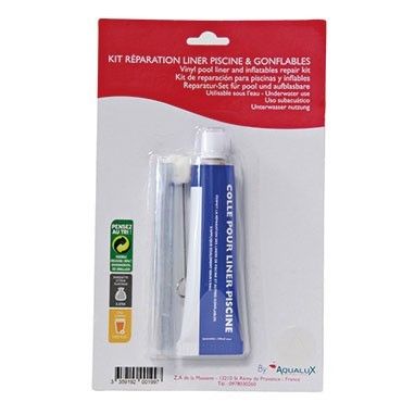 Kit de réparation de contour d'œil bleu sous blister, avec applicateur et outils, sur fond blanc.