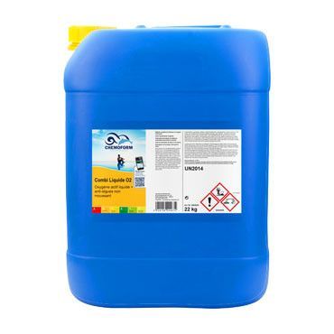 Conteneur chimique en plastique bleu avec étiquettes et symboles de danger