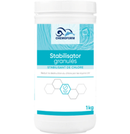 Flacon Chemform blanc de 1 kg de granulés de stabilisateur bleu, avec étiquette à motif hexagonal