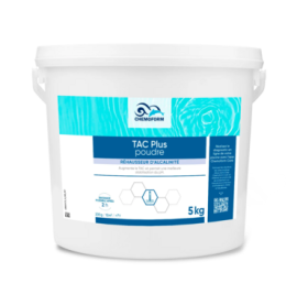Seau blanc de poudre TAC Plus avec étiquette turquoise, étiqueté 5 kg