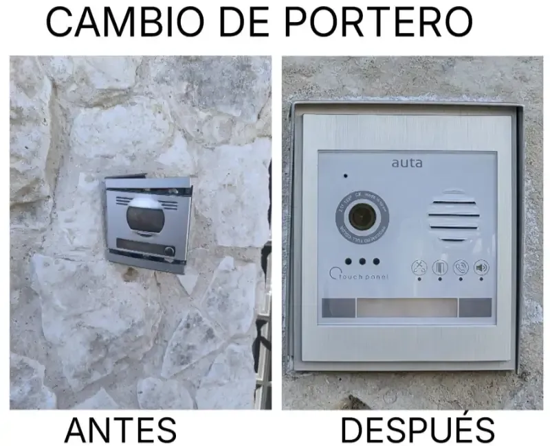 Antes y después de un portero: viejo interfono roto junto a nuevo portero automático en pared de piedra.