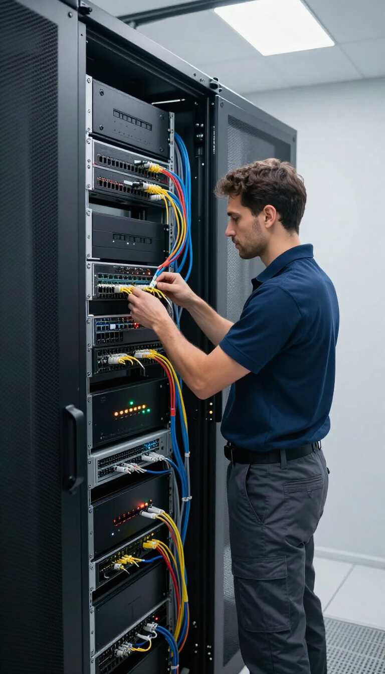 Técnico trabajando dentro de un rack de servidores, conectando cables en una sala de un centro de datos.