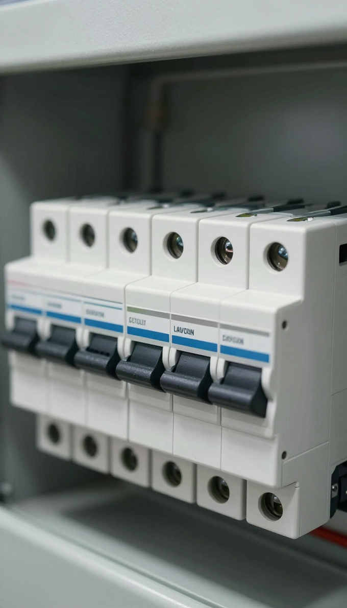Fila de disyuntores eléctricos blancos en un panel de distribución gris.