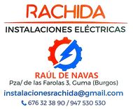 Rachida Instalaciones Eléctricas business card with logo, contact info, and address in Guma, Burgos.