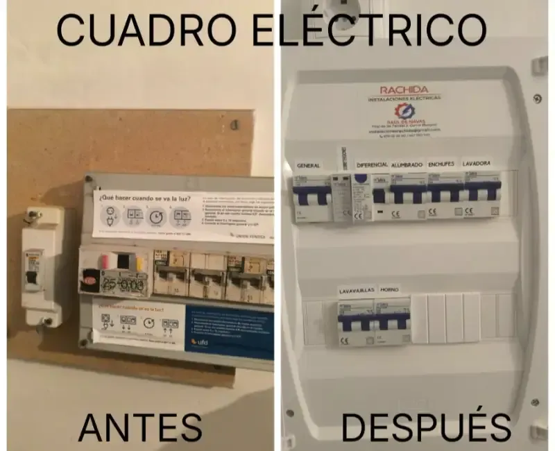 Cuadro eléctrico comparativo “antes y después”, con panel viejo a la izquierda y nuevo a la derecha.