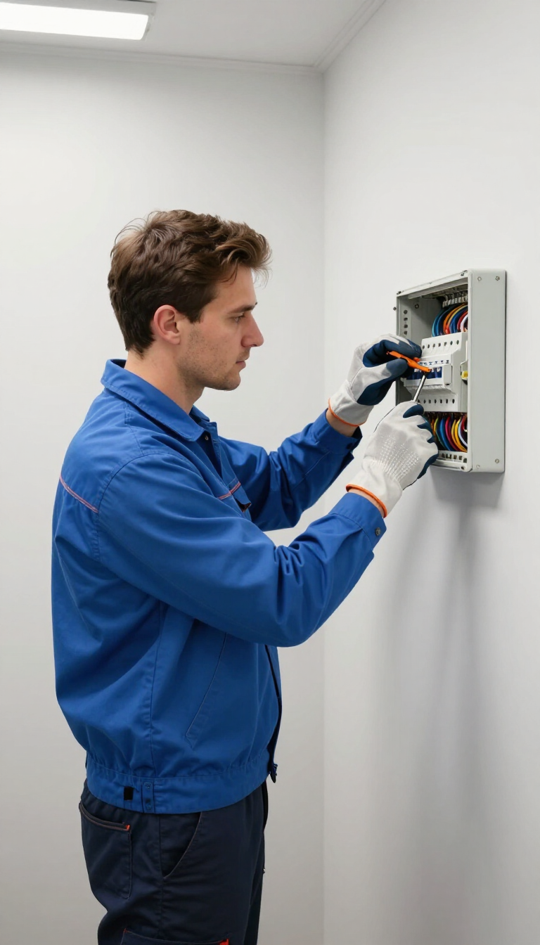 Técnico con camisa azul cableando un panel eléctrico en una pared blanca.