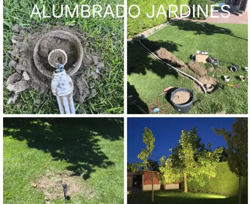 Collage de iluminación de jardín: primeros planos de la instalación de luminarias y árboles iluminados en un césped.