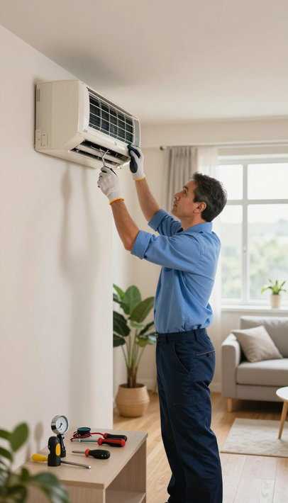 Técnico reparando un aire acondicionado de pared en una sala de estar luminosa.